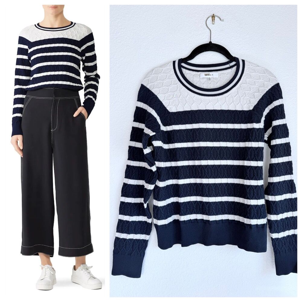 MILLY Stripe Textured Cable Stitch Crew Neck Sweater in Navy & White Size Medium